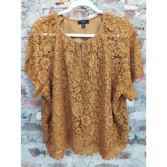 J.CREW Tops - J.Crew Womens Lace Top Blouse 2X Plus Mustard Yellow Floral Keyhole Neck